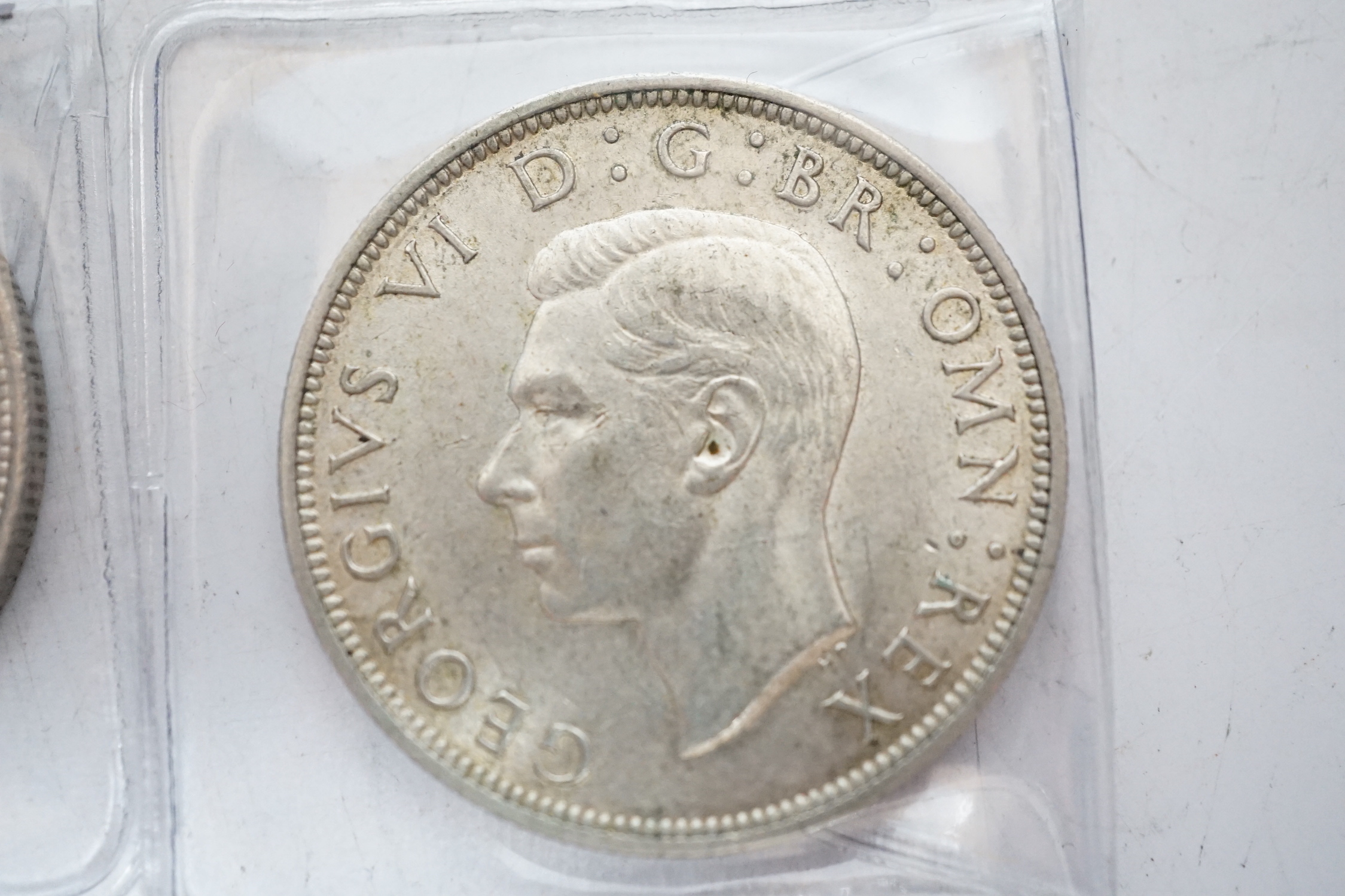 UK coins, 1938 and 1942 half crowns, 1736 farthing, 1806 penny, 1942 and a ZuidAfrica 2 shillings